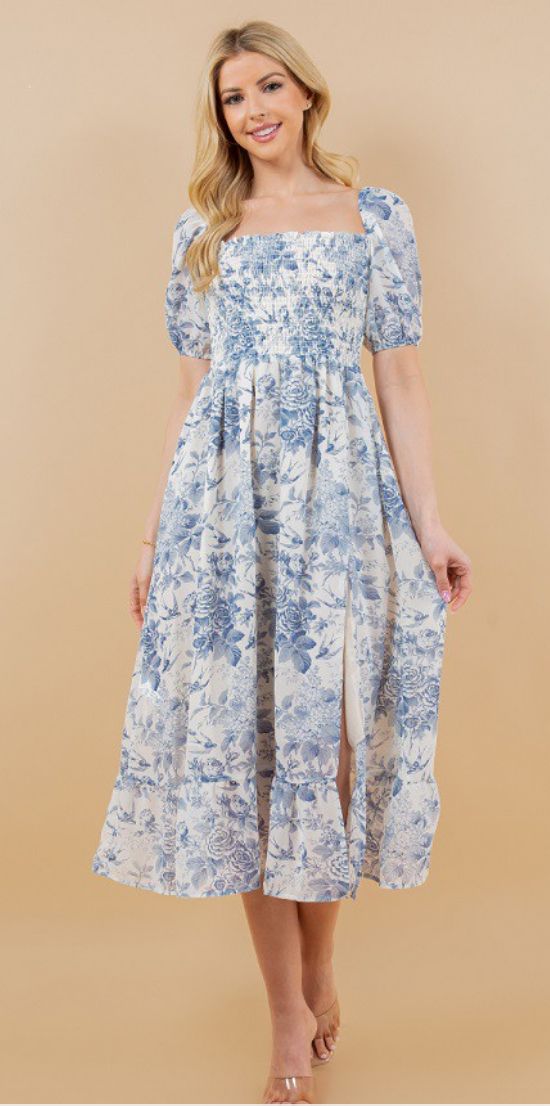 Floral Print Puff Sleeve Smocked Dress
